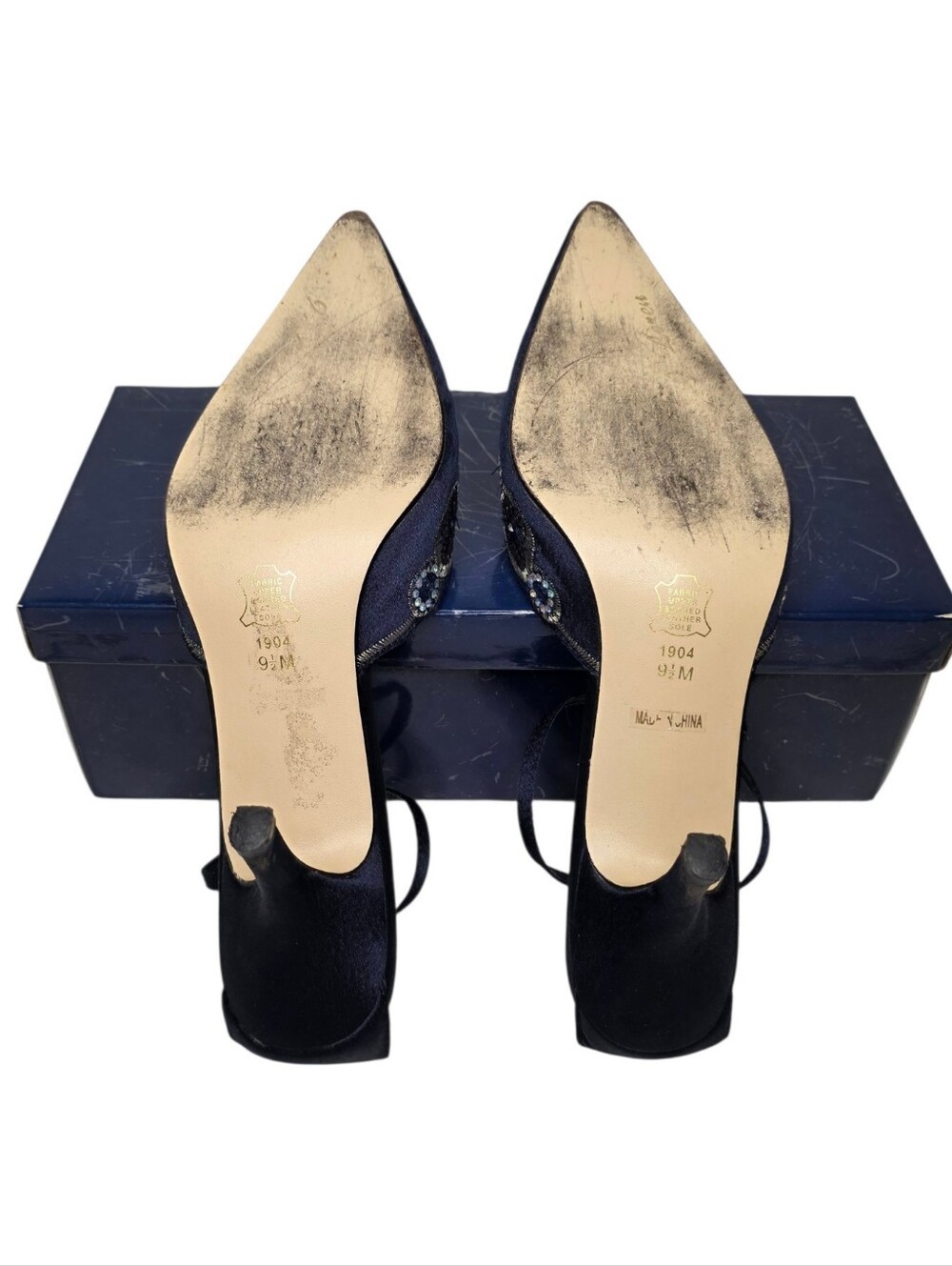 J Loren Collection Pointed Toe Slingback Heels Navy Blue Embroidered Satin 9.5 - Picture 5 of 12